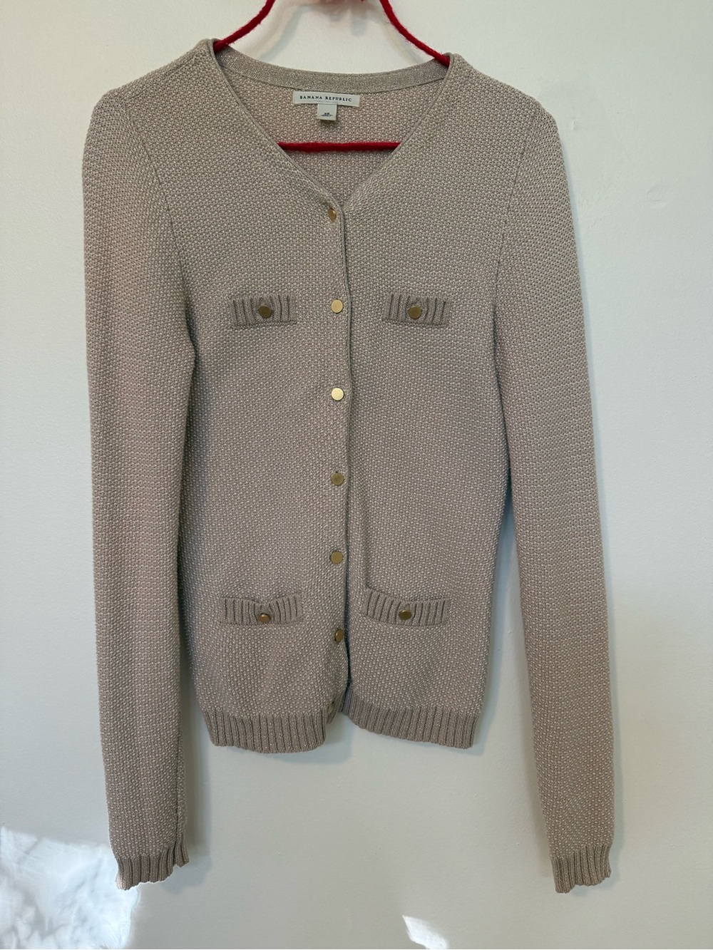 Banana Republic Light Cream Gold Button-Front Cardigan with small pockets